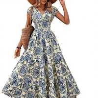 Robe longue tendance 2026 à imprimé floral, col en V, taille cintrée, coupe trapèze, en polyester, style vintage européen-américain, pour l'été