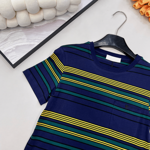 Women Navy Green <b>Yellow</b> Striped Short Sleeve Knit T Shirt Round Neck Soft Breathable Casual Daily Versatile Basic Fashion - Product Image 3
