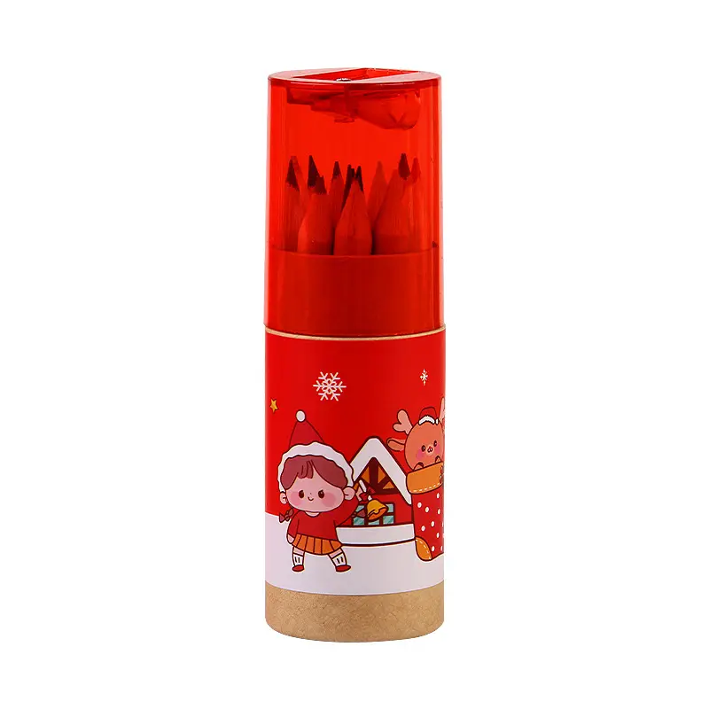 Venta al por mayor de Navidad Mini color lápiz tubos embalaje 12 piezas conjunto lápices de colores con sacapuntas