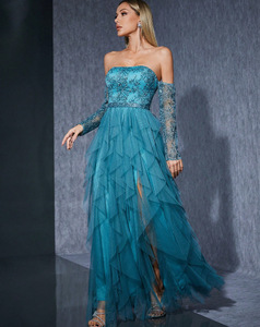 Nouvelle robe de soirée estivale pour femme, sans bretelles, à sequins, avec ourlet en tulle, moulante, transparente, à superpositions, longue et élégante - Product Image 2