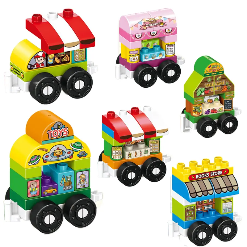 QS High Quality Mini Kid Educational City Street Food Store Truck 6 Style Small Size Cartoon Puzzle Building Blocks Vehicle Toys