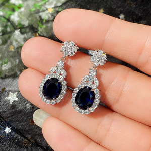 Pendientes de cristal azul zafiro ovalados para mujer, minimalistas, elegantes, accesorios de moda para uso diario - Product Image 4
