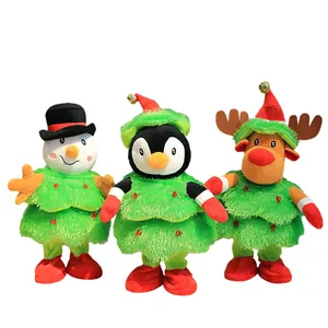 Cartoon Stuffed Animals Penguin Elk Snowman Plush Toys Custom Christmas Sound and Light Dancing Decoration Toys Children's Gifts