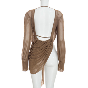 Viviblook Q26TP135 Blusa para mujer con cuello en V profundo, plisada, de color sólido, manga larga, sin espalda, sexy, ajustada, informal - Product Image 4