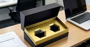 Boîte cadeau à deux compartiments en carton rigide noir avec insert en papier doré, design haut de gamme écologique, fermeture magnétique, découpe. - Product Image 4