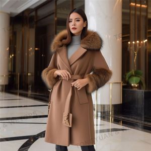 Produttori di <span class=keywords><strong>abbigliamento</strong></span> personalizzato cappotto in lana a doppia faccia con collo in pelliccia di volpe con cintura da donna con polsini in peluche giacca in vera pelliccia da donna - Product Image 5