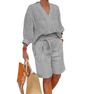 Boutique Wholesale 2025 Summer New <strong>Fashion</strong> V-neck <strong>Cotton</strong> Linen Loose Shirt Casual Shorts Women's Set - Product Image 4