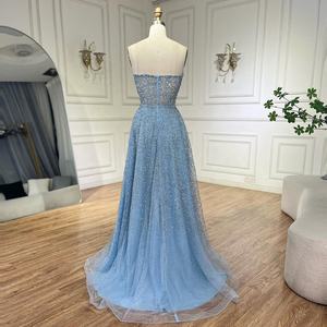 Wasisi LA72147 Blauwe strapless A-lijn glitterjurk met kralen, elegante avondjurk voor dames - Product Image 2