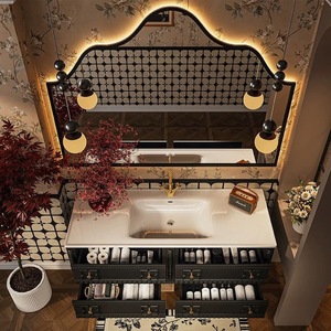 French-style elegant bathroom cabinet with warm-toned <b>light</b> strip <b>mirror</b> frame smart <b>mirror</b> hanging cabinet body - Product Image 4