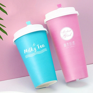 Taza de café desechable con tapa, taza de papel con patrón azul grueso de pared simple, logotipo personalizado, 8oz, 12oz, 16oz - Product Image 2