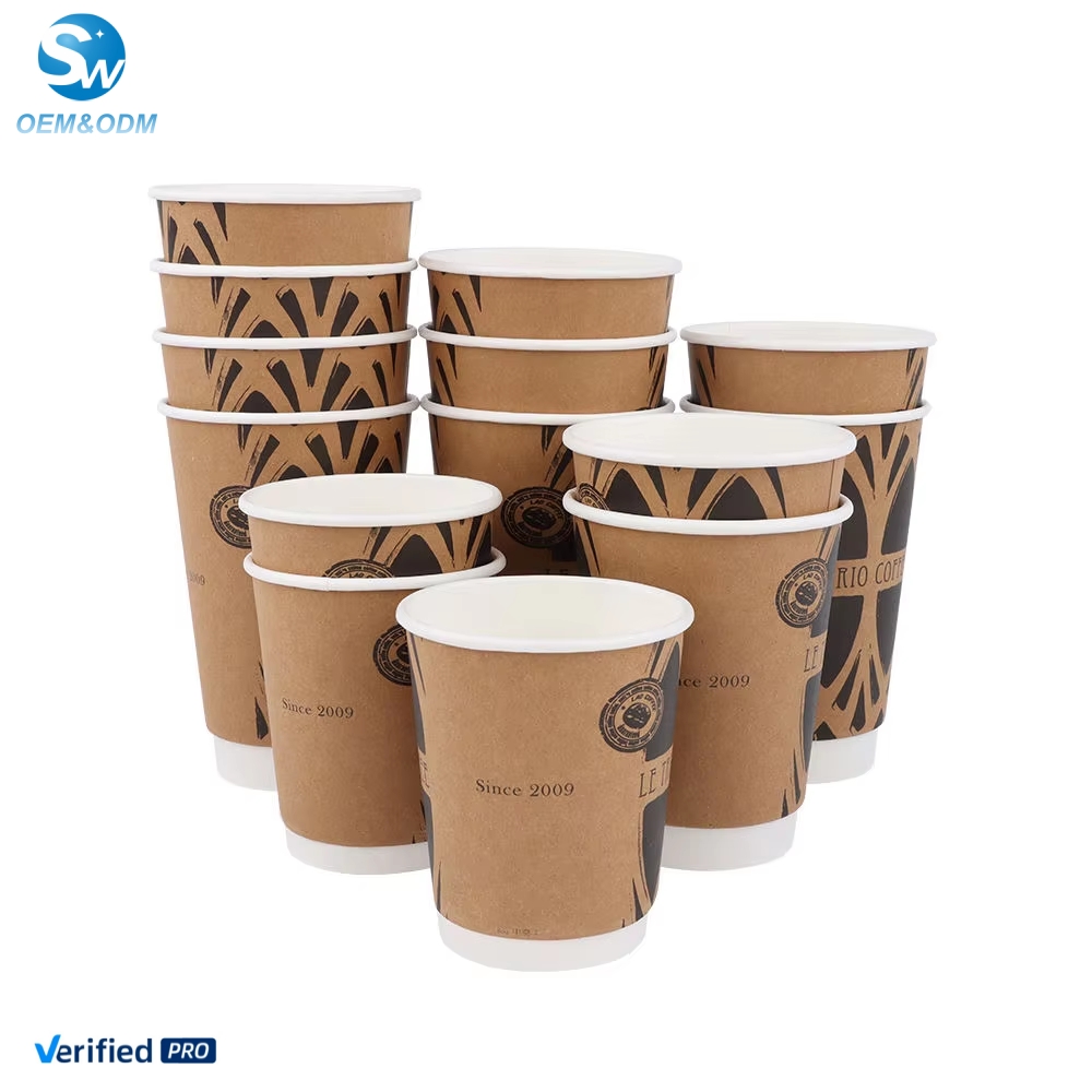 Custom Printed Logo Disposable Double Ripple Wall Hot Stamping Lid 7oz to 14oz Paper Cups for Milk Tea Coffee