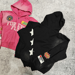 Chất lượng cao axit rửa thời trang dạo phố Boxy cắt đau khổ thêu cổ điển vá Zip Up hoodie pháp Terry hoodie tùy chỉnh - Product Image 3