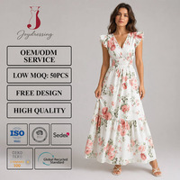 Robe longue élégante Joydressing blanche à motifs floraux, col en V sexy, manches à volants, taille smockée, robes d'été à étages, vente en gros, personnalisable