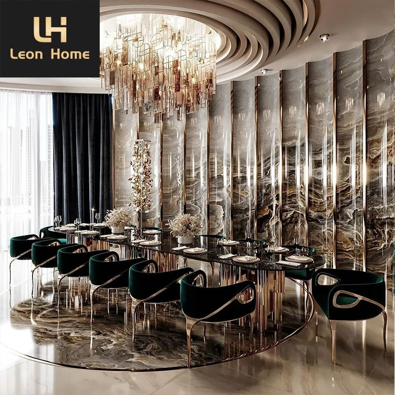 Italian Dining Room Furniture Stainless Steel Frame Marble Top Large Dining Table Set Modern Luxury Dining Table Set