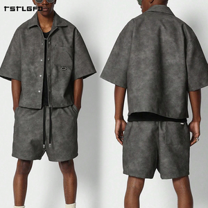 Cut And Sew Faux Suede Pu Set Boxy Fit <b>Distressed</b> Washed Oversized Streetwear Button Up Shirt Drawstring Shorts Set - Product Image 2