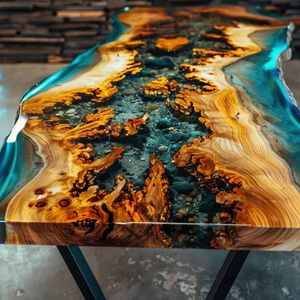 Tavolo da pranzo artigianale in resina epossidica di fiume con legno di Acacia naturale per 6 posti di alta qualità - Product Image 4