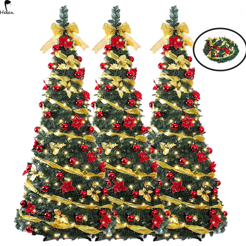 Árbol de Navidad emergente telescópico automático en forma de pagoda espiral plegable de alta calidad, árboles de Navidad de lápiz plegables