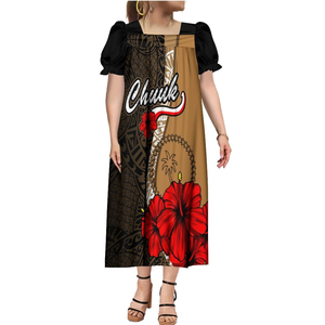 تخفيضات هائلة ميكرونيسيا مومو اللباس تشوك تمتد موموس البولينيزية الطباعة القبلية خمر مربع الرقبة نفخة الأكمام فضفاضة فساتين ميدي - Product Image 1