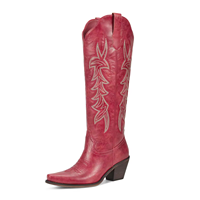 Bottes hautes élégantes en PU à bout pointu pour femme, broderie vintage 2026, talon épais, style cowboy, vente en gros personnalisée