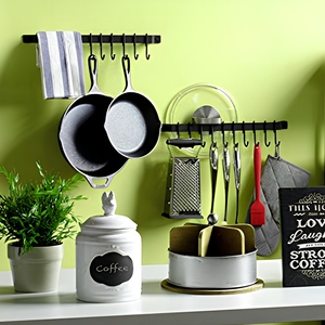 Organisateur <span class=keywords><strong>mural</strong></span> de cuisine 17 pouces pour ustensiles, casseroles et poêles, avec 10 crochets en fer noir, support de couvercles, lot de 2 outils - Product Image 4
