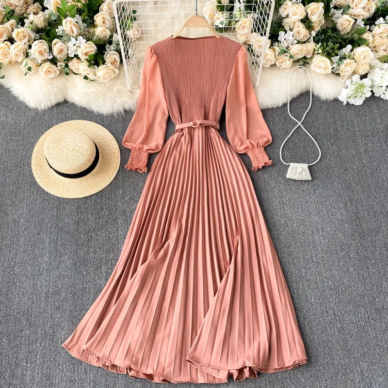 Phụ Nữ Xếp Li Dài ăn mặc nữ thanh lịch đèn lồng dài tay áo draped maxi miễn phí kích thước thiết kế ép nếp gấp xuống eo mỏng hơn