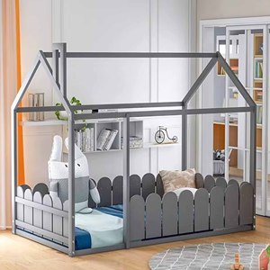 Twin Size Wood <b>Bed</b> House <b>Bed</b> Frame with Fence,for Kids Teens Girls Boys with Adjustable Fence Made of Solid <b>Pine</b> Wood - Product Image 1