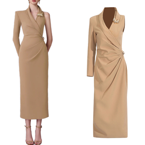 OUDINA Elegante Vestido Largo Liso para <span class=keywords><strong>Mujer</strong></span> Nuevo Cuello en V Manga Única <span class=keywords><strong>Cortavientos</strong></span> Tridimensional Efecto Trenzado Oficina Formal - Product Image 1