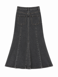 <span class=keywords><strong>Falda</strong></span> Maxi Formal/Casual de Mezclilla con Paneles Vintage en Negro y Gris para Mujer - Product Image 6