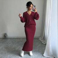Ensemble 2 pièces pull et jupe en maille col V anti-boulochage à boutons, coupe ample, couleur unie, décontracté, pour femme, en Spandex/Coton – Collection Hiver