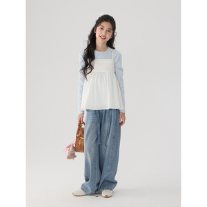 Completo Trendy Due Pezzi da <span class=keywords><strong>Bambina</strong></span>: Abito Gilet con Bretelle in Cotone Tinta Unita Stile Francese Elegante e Maniche Lunghe - Nuova Collezione Primavera 2026 - Product Image 2