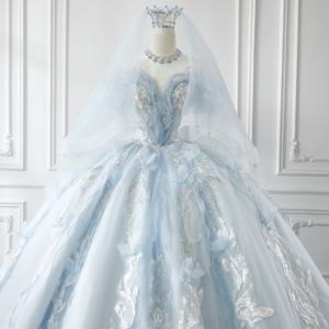 فستان زفاف سندريلا فاخر من أوفيليزا أزرق فستان حفلة أميرات تصميم مكشوف الكتفين ثلاثي الأبعاد مزين بلمعان بلورات مطرزة - Product Image 3