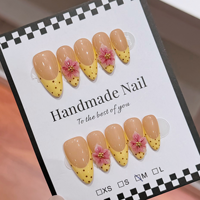 Kuku Palsu TSZS Medium Almond Buatan Tangan dengan Hiasan Bunga 3D French Polka Dot, Kuku Palsu yang Dapat Digunakan Kembali untuk DIY Grosir