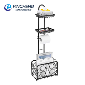 Porte-rouleau de <span class=keywords><strong>papier</strong></span> <span class=keywords><strong>toilette</strong></span> sur pied noir avec étagère de rangement pour <span class=keywords><strong>tablette</strong></span>, téléphone et magazines - Product Image 1