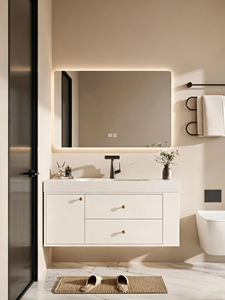 Meuble-lavabo de salle de bain personnalisé, étanche, style crème, avec vasque intégrée en pierre frittée thermoformée, lavabo de salle de bain - Product Image 4
