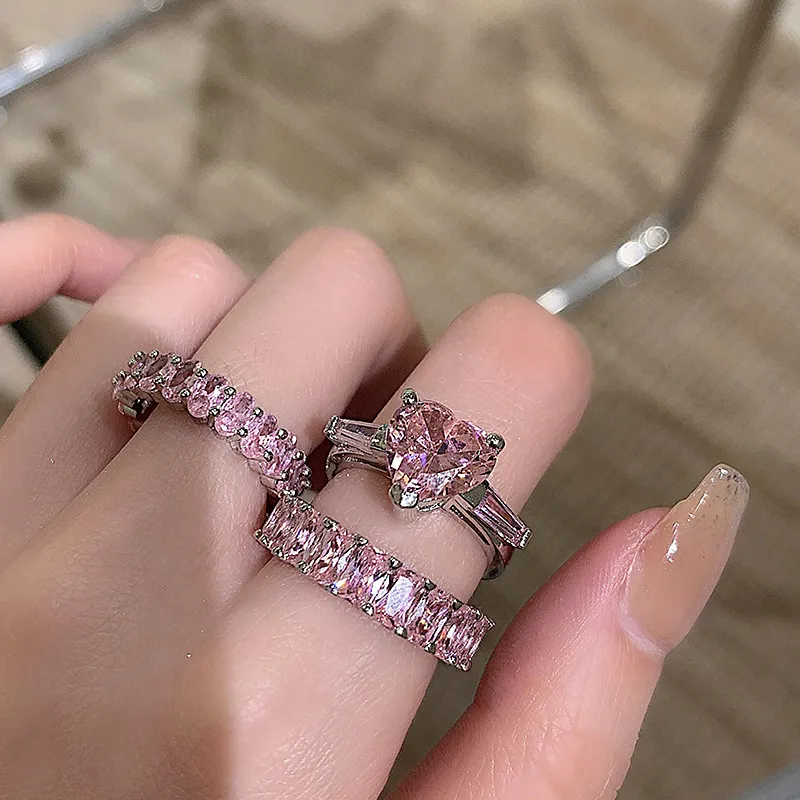 Aimgal-Anillo de amor de circonia rosa con diamantes para mujer, anillo ajustable en forma de corazón
