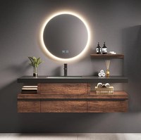 Meuble de salle de bain en bois massif de luxe léger, vasque intégrée en céramique sans joint avec plateau en roche, armoire miroir personnalisable