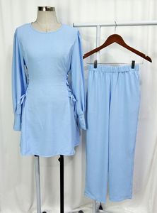 Traje Casual Musulmán Modesto para Mujer Árabe de Oriente Medio, Color Sólido, Top y Pantalón, Mangas Largas Ajustables - Product Image 3