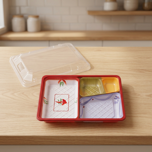 Traditional Chinese Style >3-Compartment Disposable Plastic Bento <b>Box</b> <b>Lid</b> Microwavable Portable Lunch Container Red Rectangle - Product Image 1