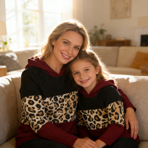 Conjuntos Familiares a Juego con Estampado <span class=keywords><strong>de</strong></span> Leopardo y Diseños <span class=keywords><strong>de</strong></span> Bloques <span class=keywords><strong>de</strong></span> Color Sólido para Mamá e Hija, Sudaderas con Capucha <span class=keywords><strong>de</strong></span> Manga Larga, Camisetas Casuales - Product Image 1