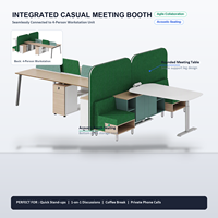 Poste de travail modulaire pour 4 personnes avec espace lounge intégré et écran de séparation acoustique haute performance
