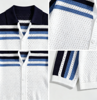 Polo-cardigan en maille pour homme, OEM ODM, personnalisé, à rayures, color-block, ajouré, à manches courtes, boutonné, décontracté, vintage, tricoté