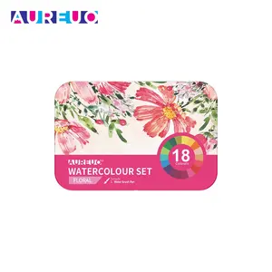 AUREUO 18 colores caja de lata portátil pintura de acuarela seca juego de acuarela Floral con pluma estilográfica