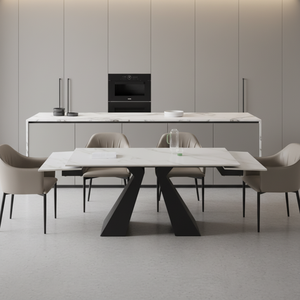 Tavolo <span class=keywords><strong>da</strong></span> <span class=keywords><strong>Pranzo</strong></span> Allungabile in Pietra Sinterizzata, Motivo Marmo Bianco, Base Nera Geometrica, 6-8 Posti, Arredamento Moderno <span class=keywords><strong>per</strong></span> <span class=keywords><strong>Sala</strong></span> <span class=keywords><strong>da</strong></span> <span class=keywords><strong>Pranzo</strong></span> - Product Image 1