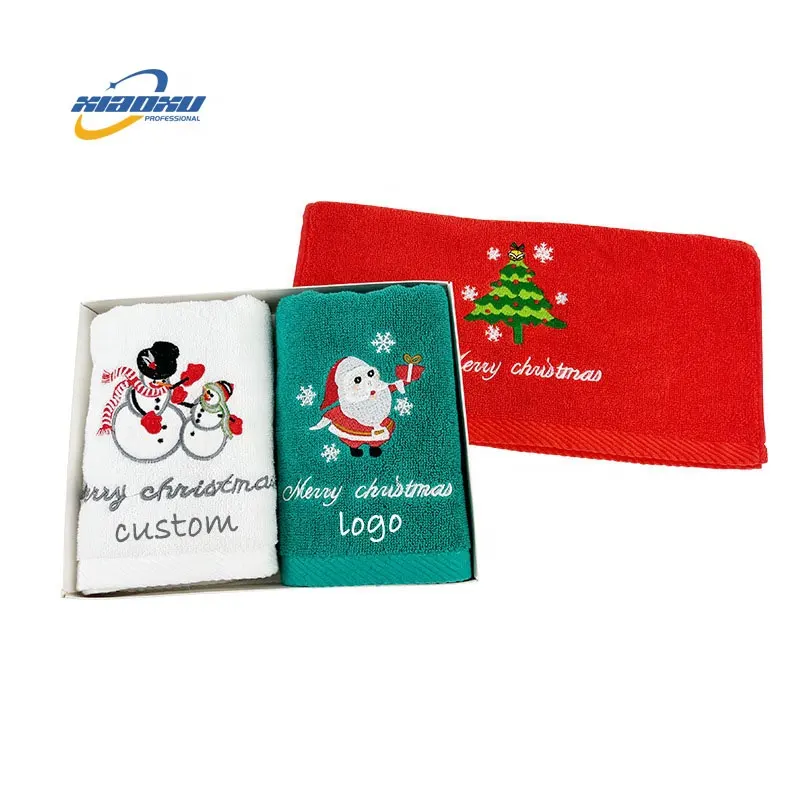 Red Christmas Hand Towels Sets Custom Embroidery Towels Bath 100 Cotton Towel Set In Gift Box For Christmas