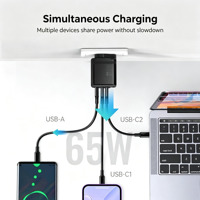 Chargeur mural GaN 65W double Type-C PD QC3.0, chargeur rapide, prise US, adaptateur de voyage compact pour ordinateur portable, smartphone, tablette, écouteurs