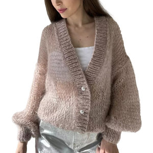 Suéter de <span class=keywords><strong>Mujer</strong></span> de Punto de Malla <span class=keywords><strong>Transparente</strong></span> Delgada Informal a la Moda, Suéter de <span class=keywords><strong>Mujer</strong></span> Personalizado con Cuello en V, de Un Solo Pecho y Hombros Caídos - Product Image 4