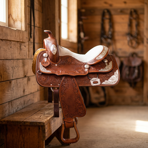 Selle de cheval western en cuir véritable Real International Saddlery avec décorations, couleurs et tailles personnalisées, arceau en bois de 13 à 17 pouces - Product Image 2