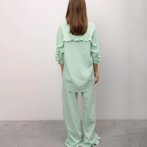 Pyjama en coton et lin pour femme, vêtements de nuit pour femme, à volants, manches trois-quarts, pantalon long, vêtements de détente amples - Product Image 3