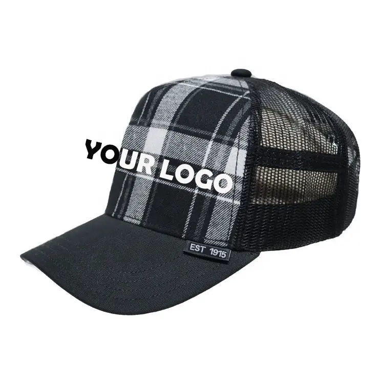 High Quality Trucker Mesh Hats Custom Your Own Logo Plaid fabric 5 Panels 3D Embroidery Trucker Mesh Caps