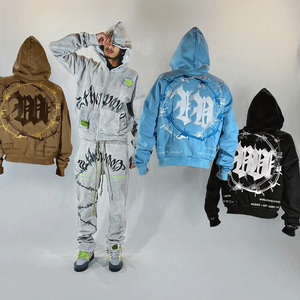 Diseñador de lujo de los hombres Simple 400 460 Gsm de algodón orgánico Terry Puffer Heavyweight Full Zip Puff Print Chándal Set - Product Image 4